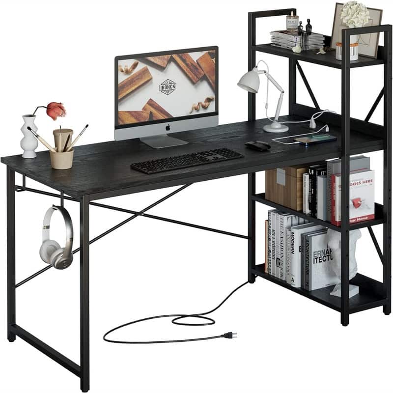 Computer Desk 55" with Power Outlet & Storage Shelves