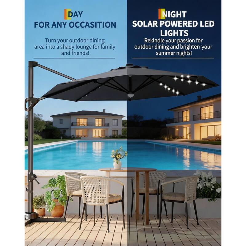 10FT Outdoor Cantilever Umbrella, 360-Degree Rotation, with LED