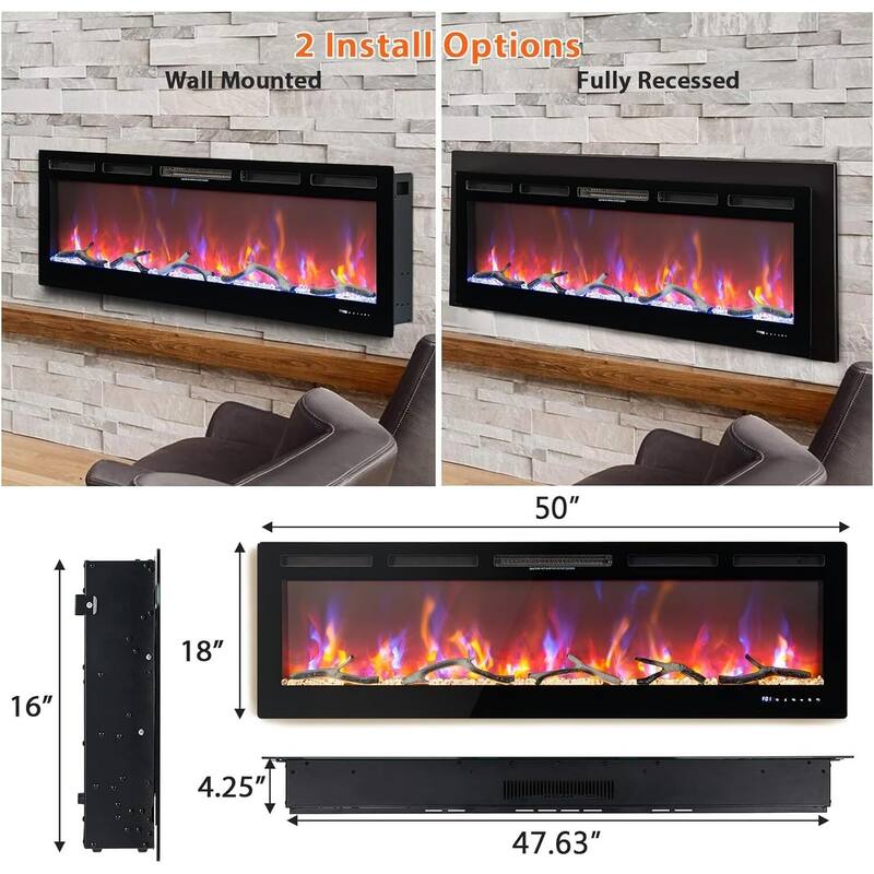 Recessed or Wall Mounted Electric Fireplace, WiFi & Alexa, Led Touch Screen