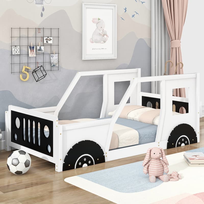 Twin Size Classic Car-Shaped Platform Bed with Wheels