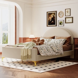 Twin/Full Size Velvet Bed Frame with Classic Semi-circle Shaped Headboard, Upholstered Platform Bed w/ Metal Legs for Kids Teens