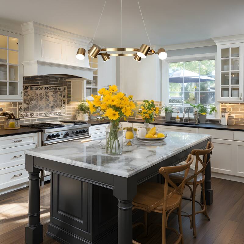 Mid-Century Modern 6-Light Gold LED Wagon Wheel Chandelier Metal Pendant Lights for Dining Room