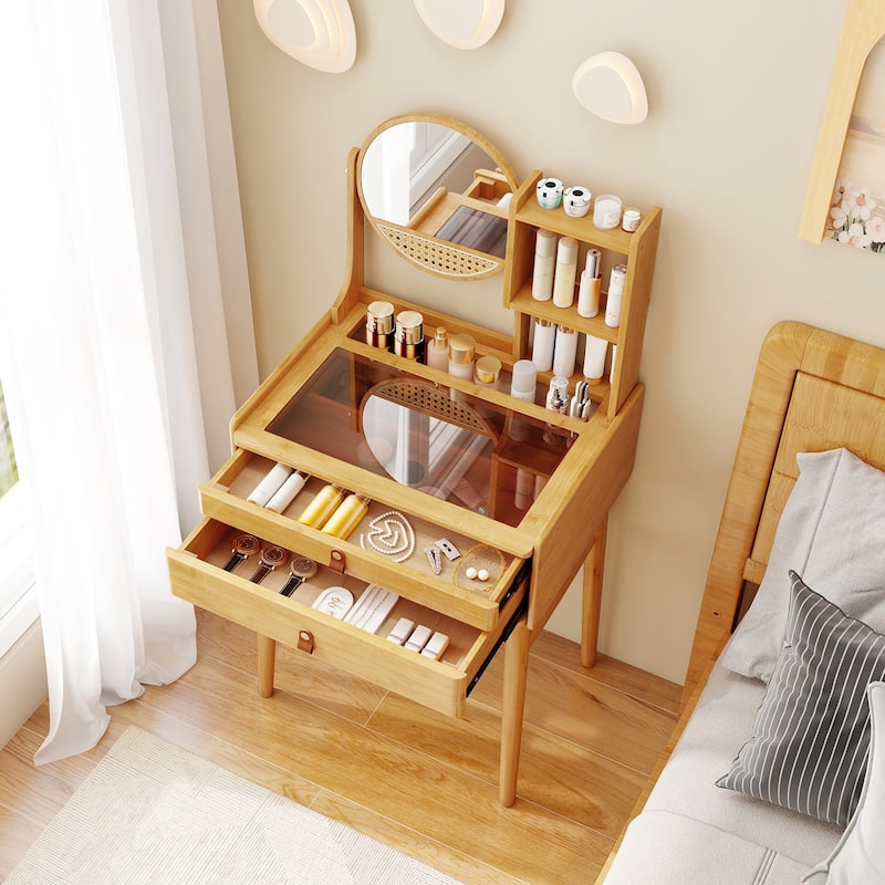 Vanity Desk with Rotating Mirror Glass Top and Storage Drawers for Small Bedroom Makeup Table - 23.5" x 18.5" x 48"
