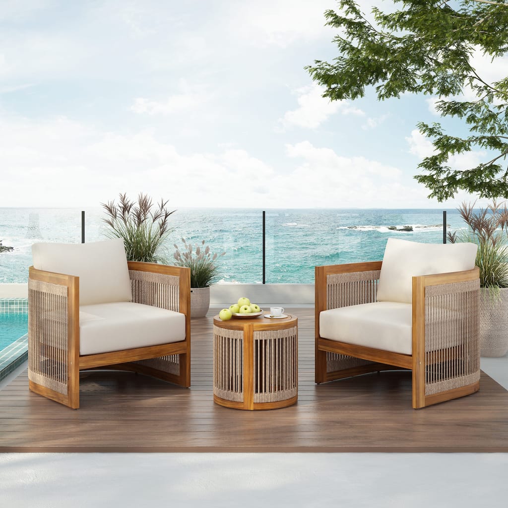 Christopher Knight Home - Bella Acacia Wood Bohemian 3 Piece Patio Chat Set with Cushion