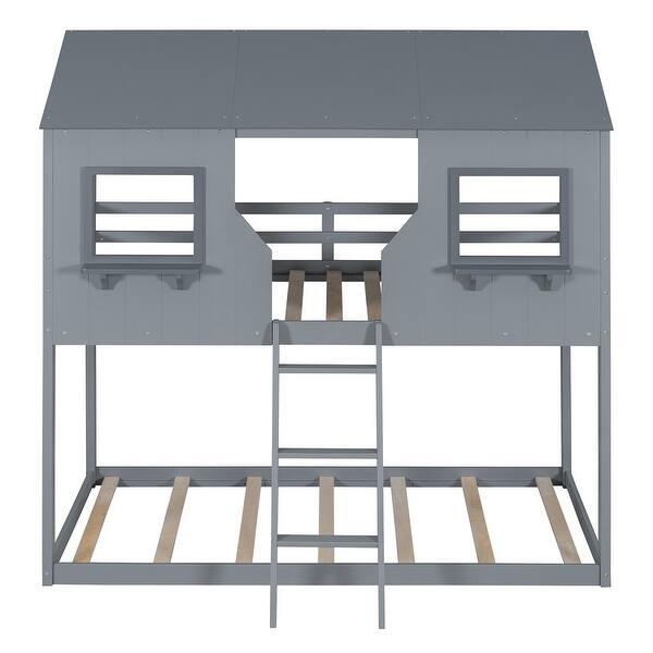 slide 2 of 13, Twin Over Twin House Bunk Bed with Safe Guardrail,Solid Wood Bed with Roof Gray