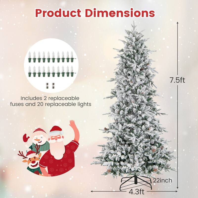 Gymax 7.5 FT Pre-Lit Artificial Christmas Tree Snow-Flocked Hinged