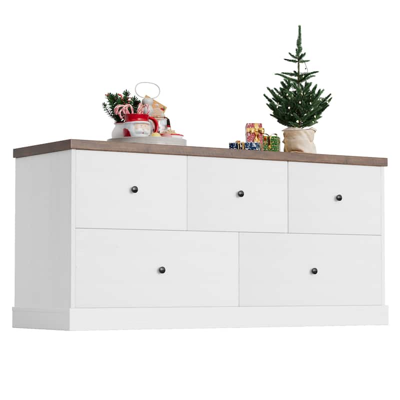 Furniwell 5 Drawers Dresser 45" TV Stand Cabinet Organizer Modern Wood Chest for Bedroom Living Room - White