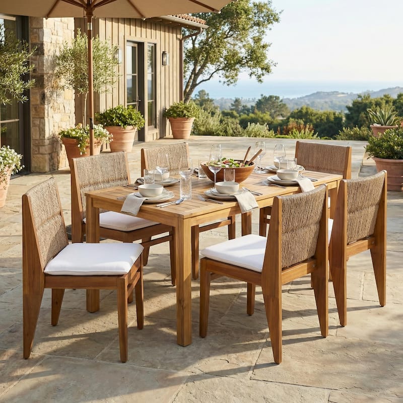 Christopher Knight Home - Modern Acacia Outdoor Dining Set with Cushioned Armless Chairs & 69" Dining Table with Umbrella Hole - 6-Piece Set+Teak Finish