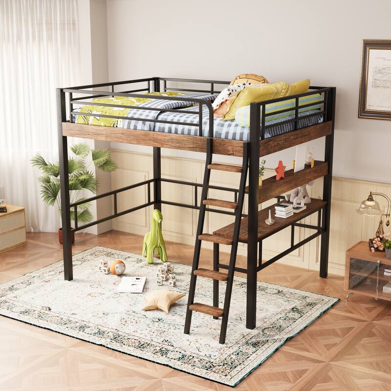 Metal Full Size Loft Bed with Built-in Desk - Black