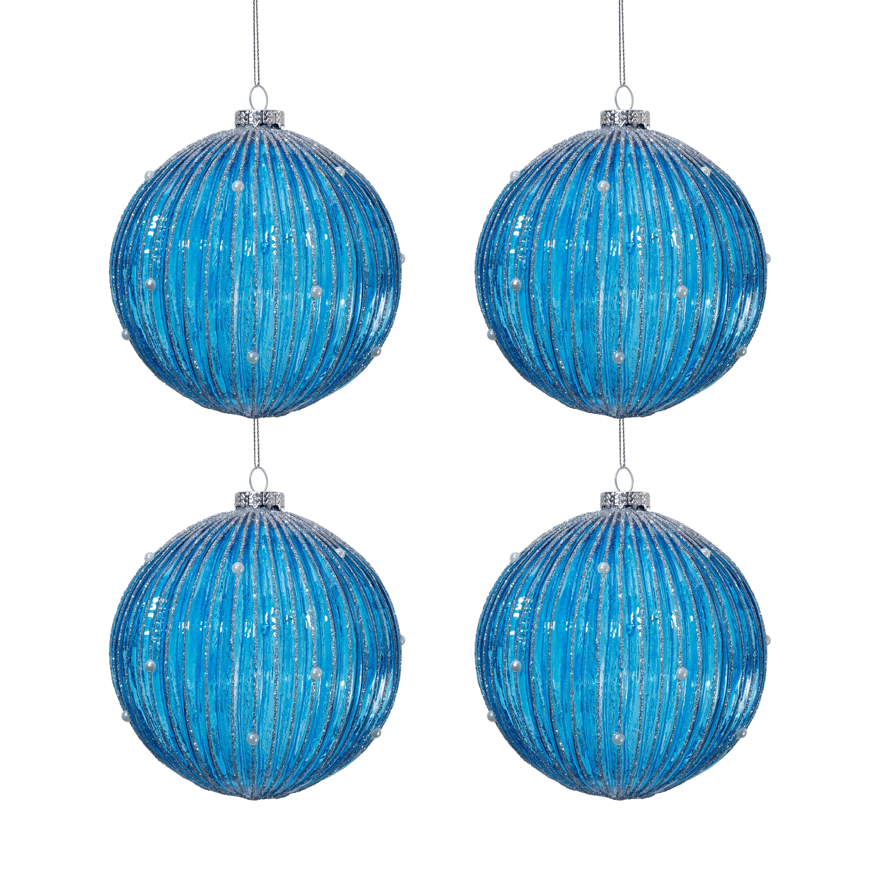 Christmas 4.75" Winter Jewel Ribbed Glass Ball Tree Ornaments, Set of 4