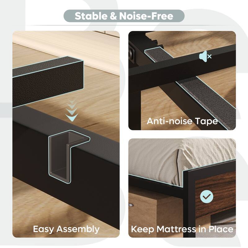 Platform Bed with LED Upholstered Storage Headboard Charge Station Foldable Bedside Shelf