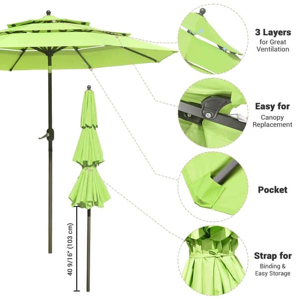 9ft 3 Tier UV70+ Aluminum Push Tilt Patio Umbrella Crank Handle Water