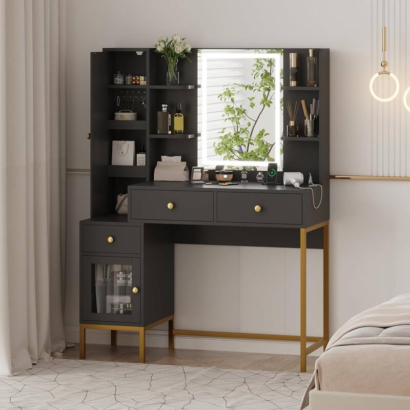 Makeup Vanity with Lights and Charging Station, 3-Color LED Lighted Mirror Vanity Desk