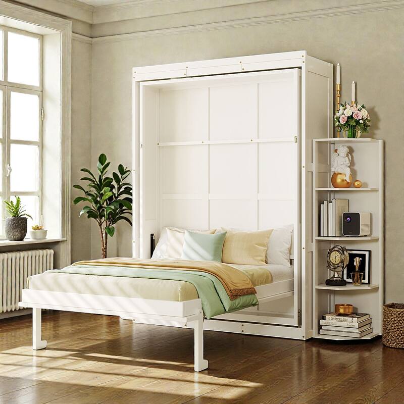 Queen Rotating Murphy Bed with Desk, Dual 3-Tier Side Shelves, Hidden Wall Cabinet, Space-Saving Wall Bed