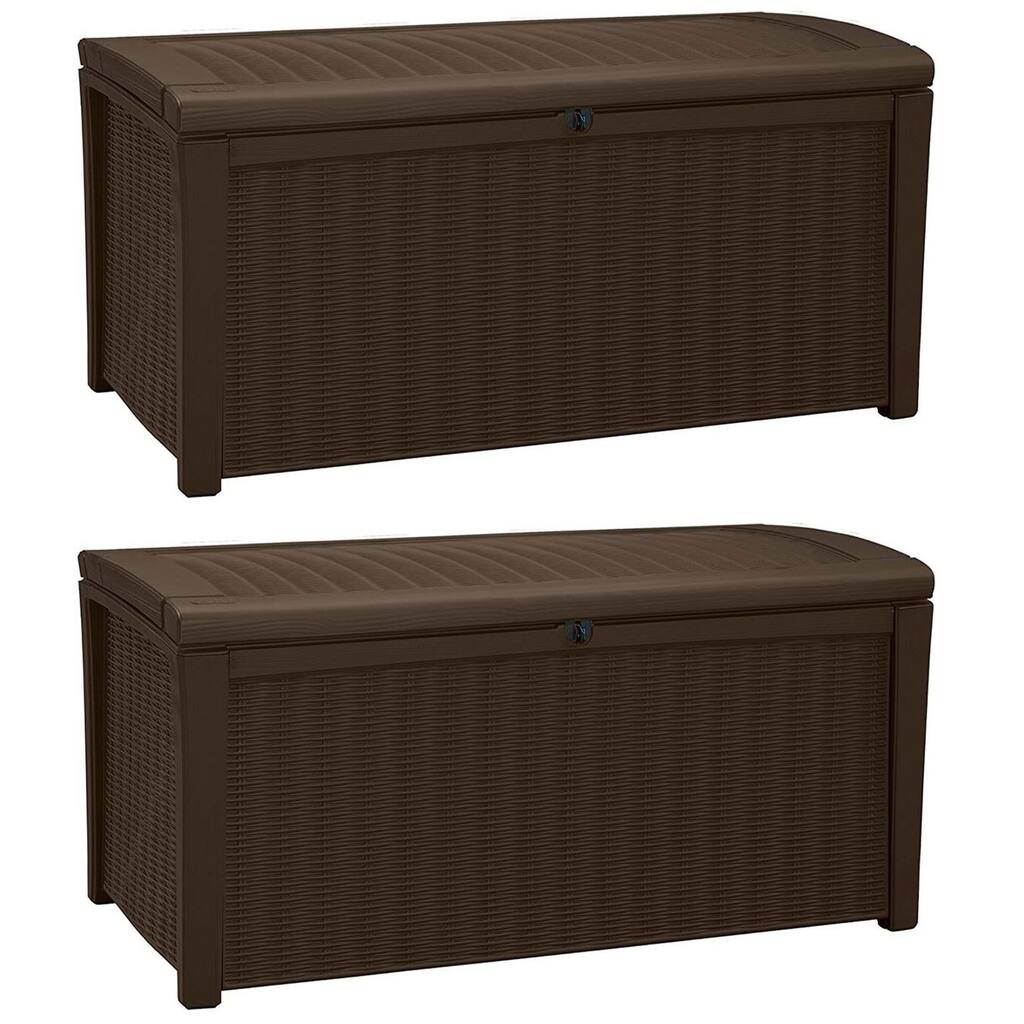Keter Borneo 110 Gallon Rattan Resin Patio Storage Deck Box and Bench (2 Pack) - 32.2