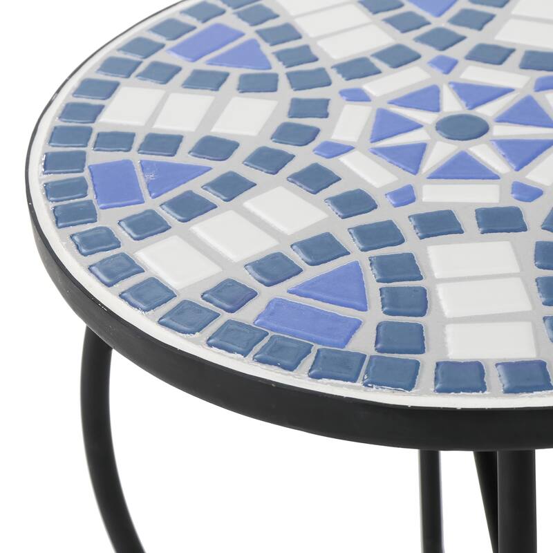 Outdoor Round Side Table with Mosaic-Style Top and Curved Iron Legs, End Table-Blue, Wihte and Matte Black - 12.24