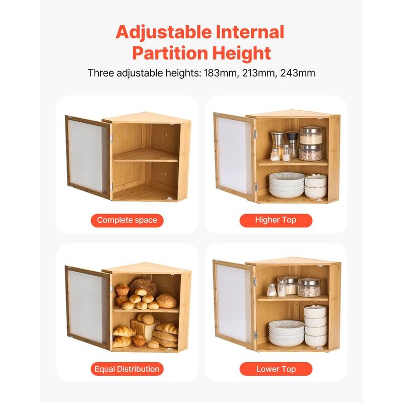 2-Tier Natural Wicker Wood Corner Bread Box for Kitchen Counter with Acrylic Door Flat Top Surface - 12.60” x 12.60” x 16.73”