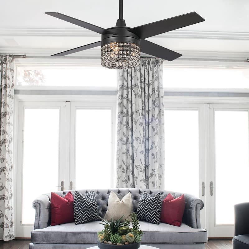 48" Modern Black Crystal Chandelier Ceiling Fan with Light Kit and Remote - 48 in. W X 48 in. D X 17 in. H