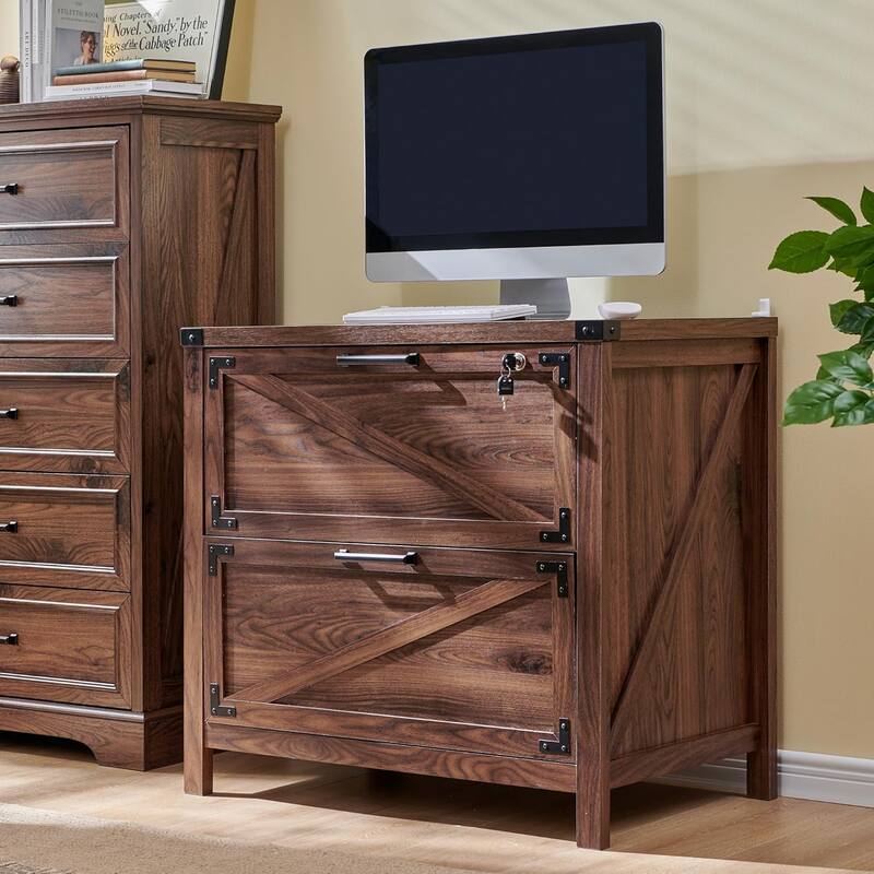 Farmhouse 2 Drawer File Cabinet, Lateral Filing Cabinet with Lock - Brown