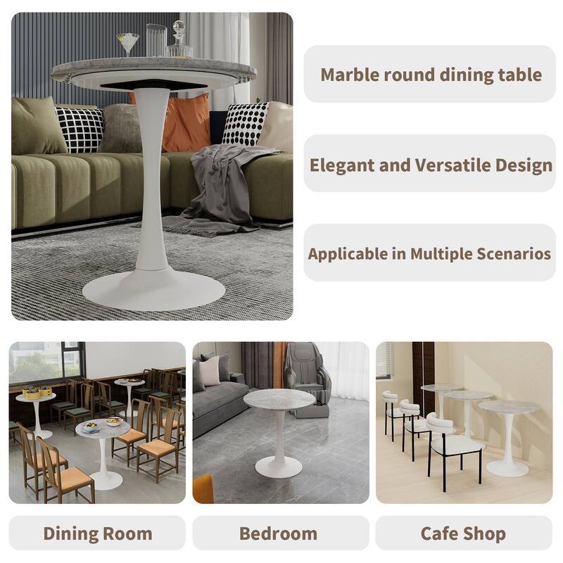 27.6" Mid-Century Modern Style Dining Table, Accommodates 2-4 People, Featuring A Round Light Gray Textured Marble Tabletop