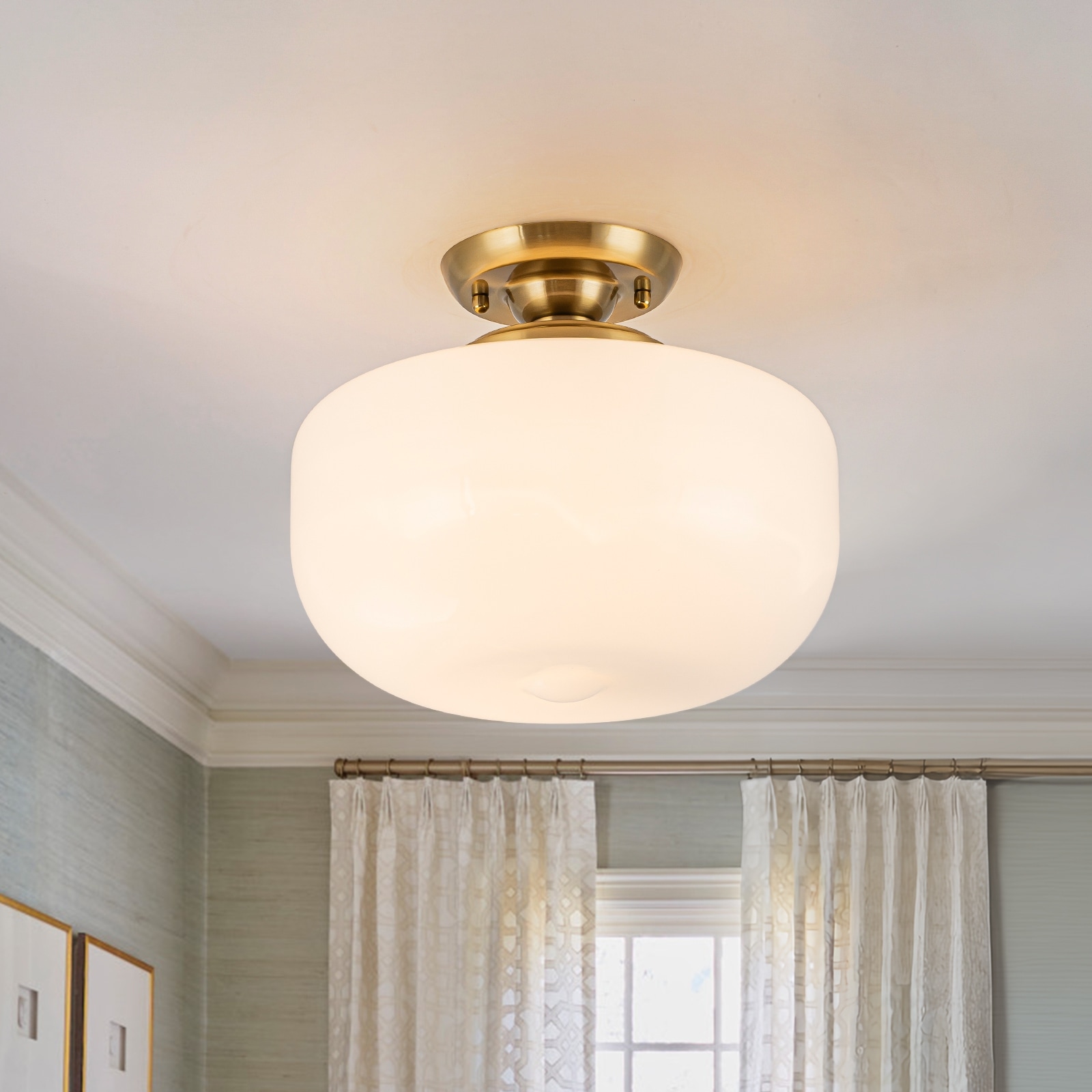 1-Light Gold Dome Flush Mount Ceiling Light with Opal Glass