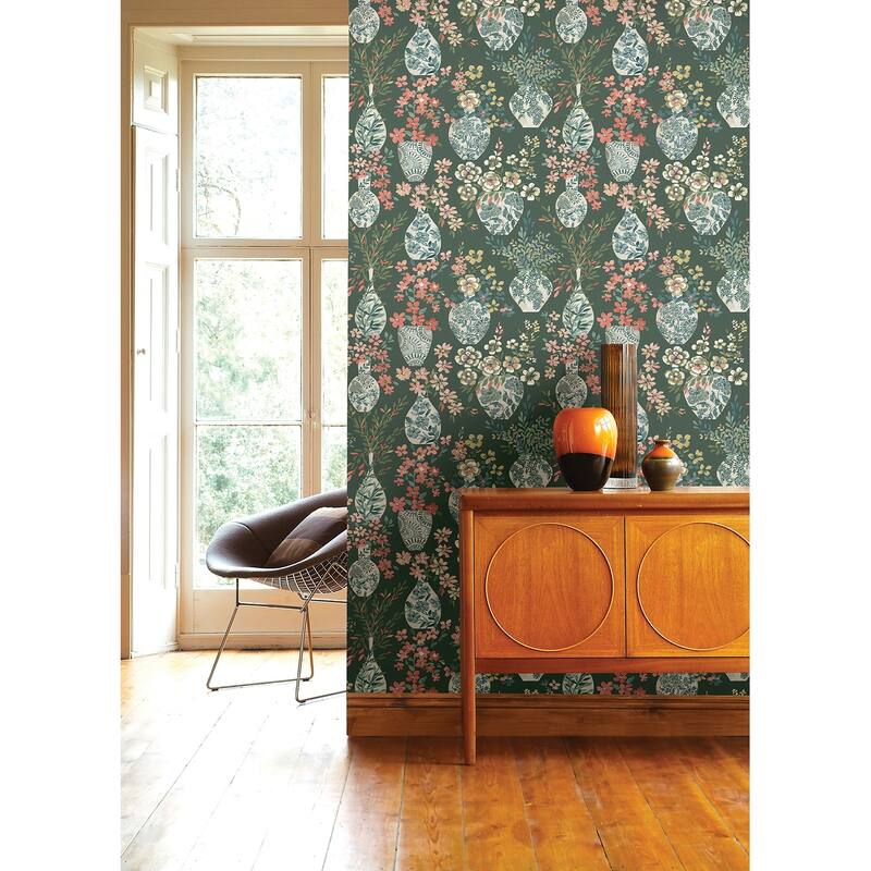 A-Street Prints Harper Green Floral Vase Wallpaper