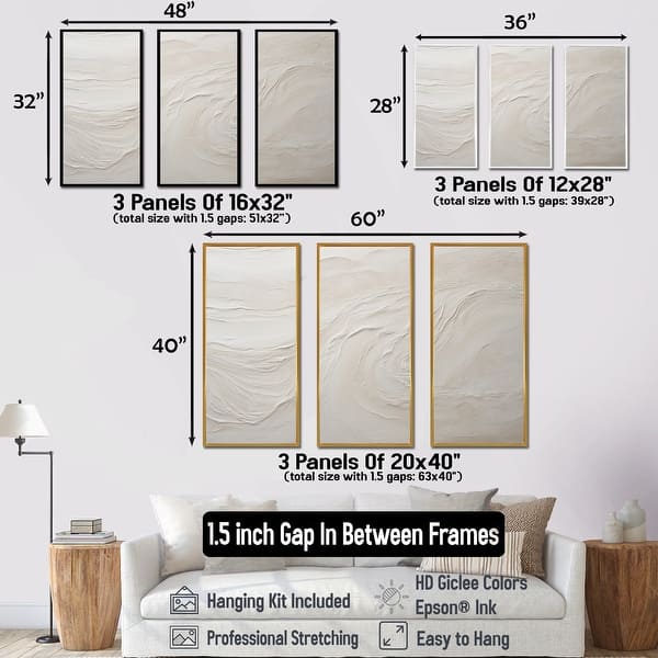 Designart "Modern Beach Beige Sand Charm I" Coastal Beach Sand Framed Art Set of 3 - Nautical & Coastal Wall Art Set