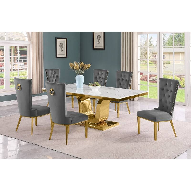 Best Quality Furniture D321-SC334-7 Dining Set with 78" White Marble Top - 7-Piece - Dark Grey / Gold