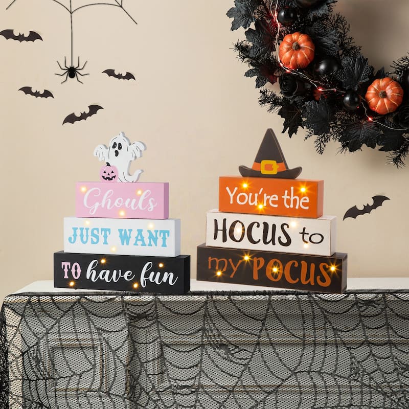 Glitzhome 11.75"H Halloween Wooden Lighted Witch Word Block Table Decor
