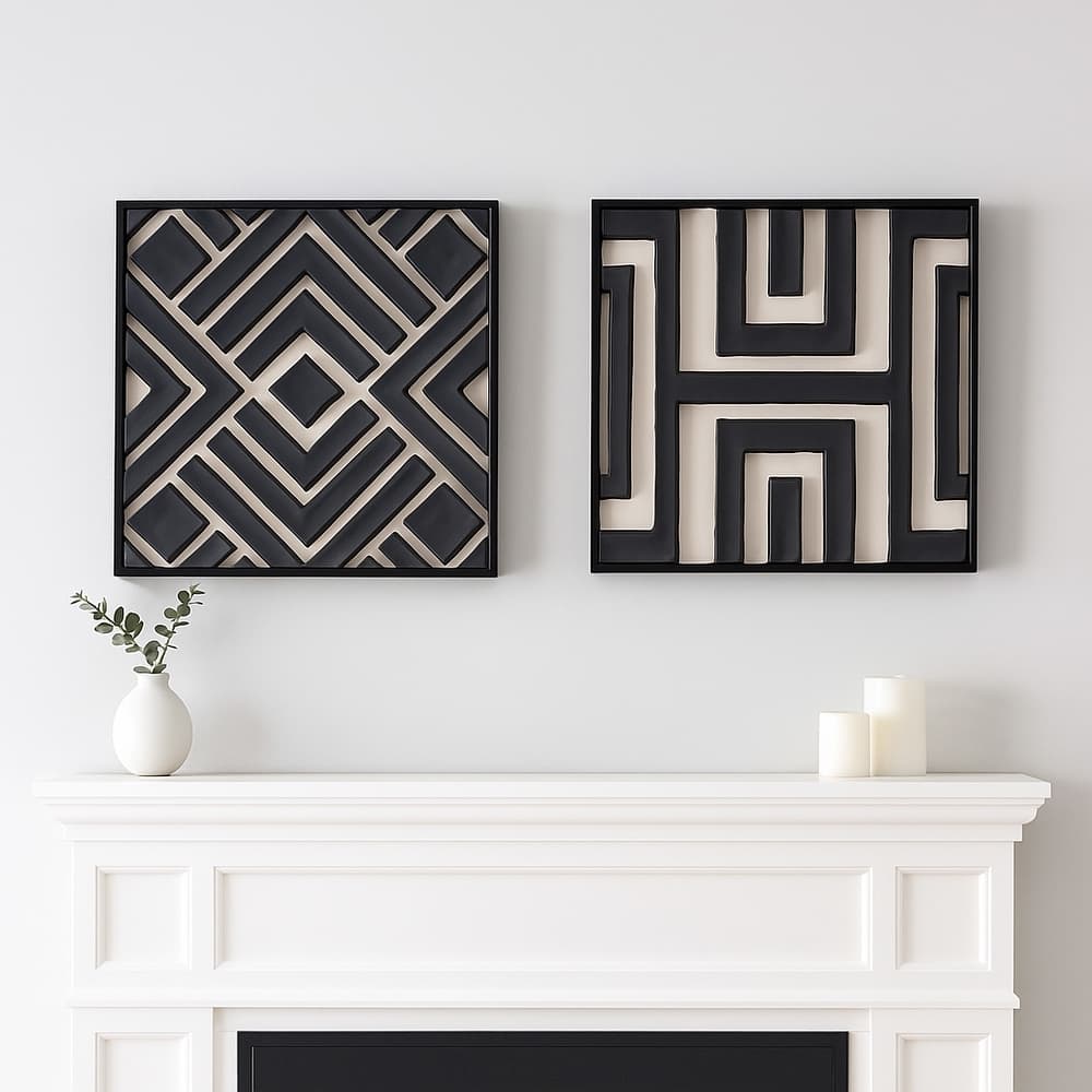 Decorative Geometric Canvas Wall Decor - Set of 2, 20", Black & Cream