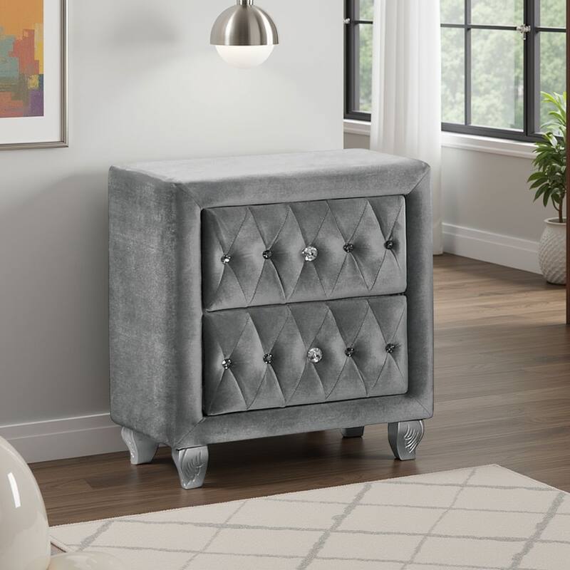 Rea Nightstand, 26 Inch, 2 Drawers, Button Tufted Gray Fabric