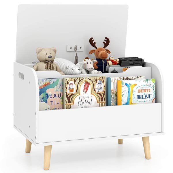 slide 2 of 20, Costway Kids Wooden Toy Box with Front Bookshelf 4 Solid Wood Legs - See Details White