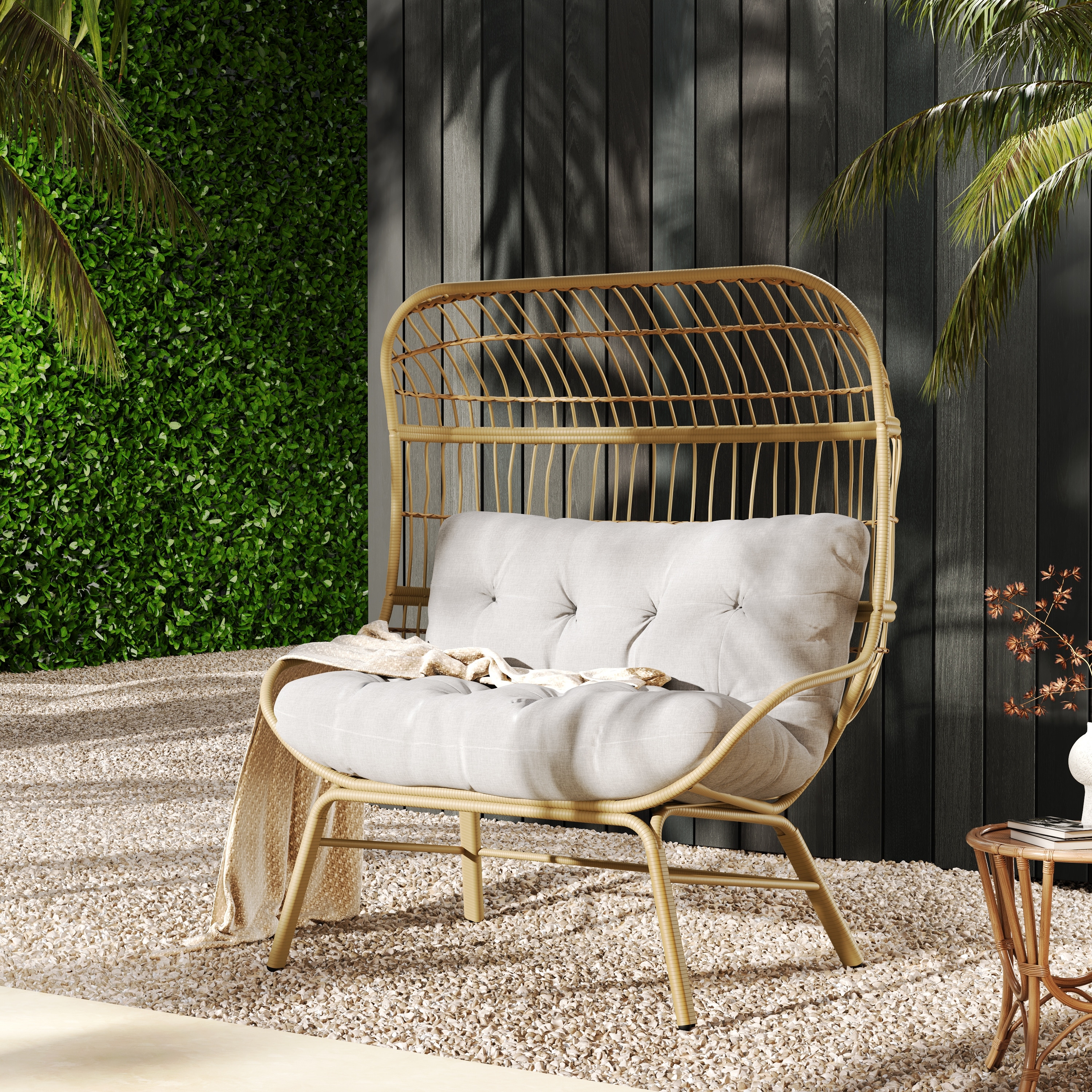 Outdoor Wicker Loveseat, Outdoor PE Rattan Double Chairs, Iron Frame - Light Brown