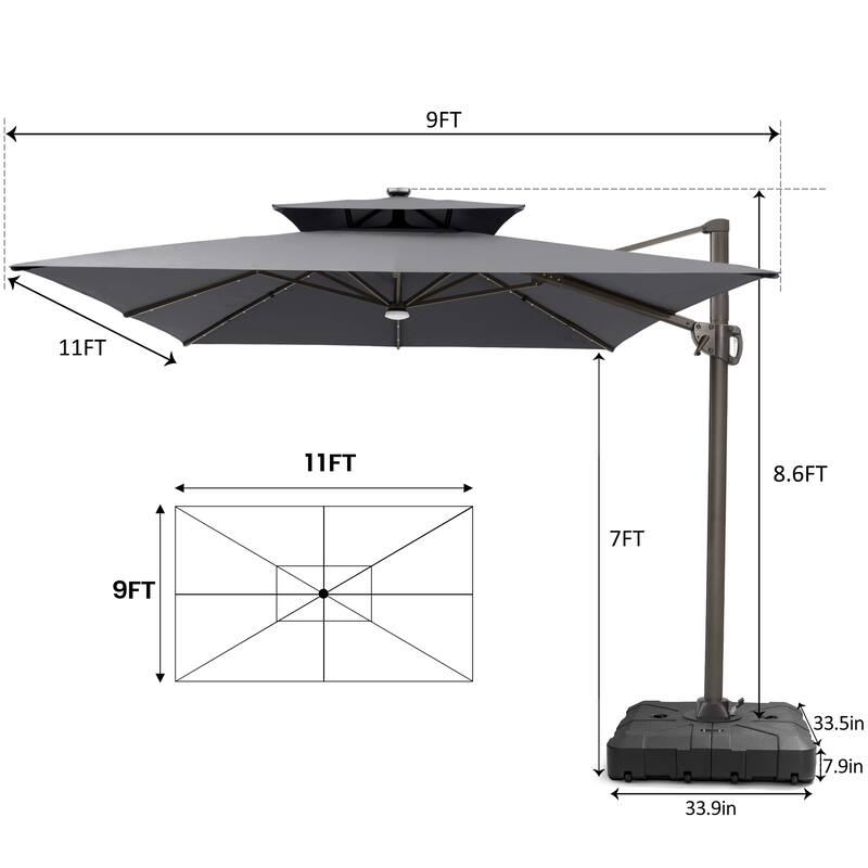 9 X 11 FT Outdoor Patio Cantilever Umbrella with Solar Lights All-Weather Wheeled Base Double Canopy 360 Rotation Tilt