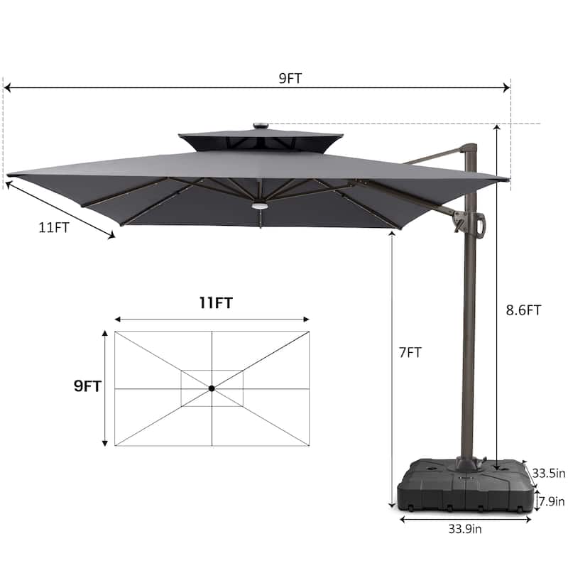 Pellebant 9x11FT Outdoor Dual Top Cantilever Patio Umbrella LED Light with HDPE Base