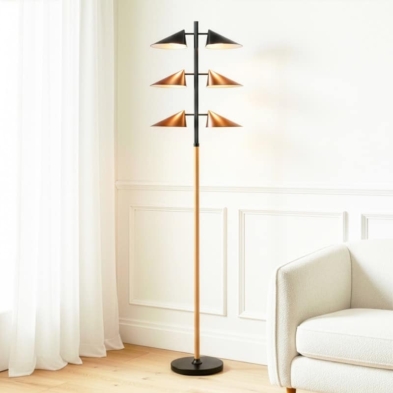 Brightech Ivo 65.2" Matte Black & Oak Midcentury 6-Light 30W Dimmable Integrated LED Modern Tree Floor Lamp With Red Leaf Shades