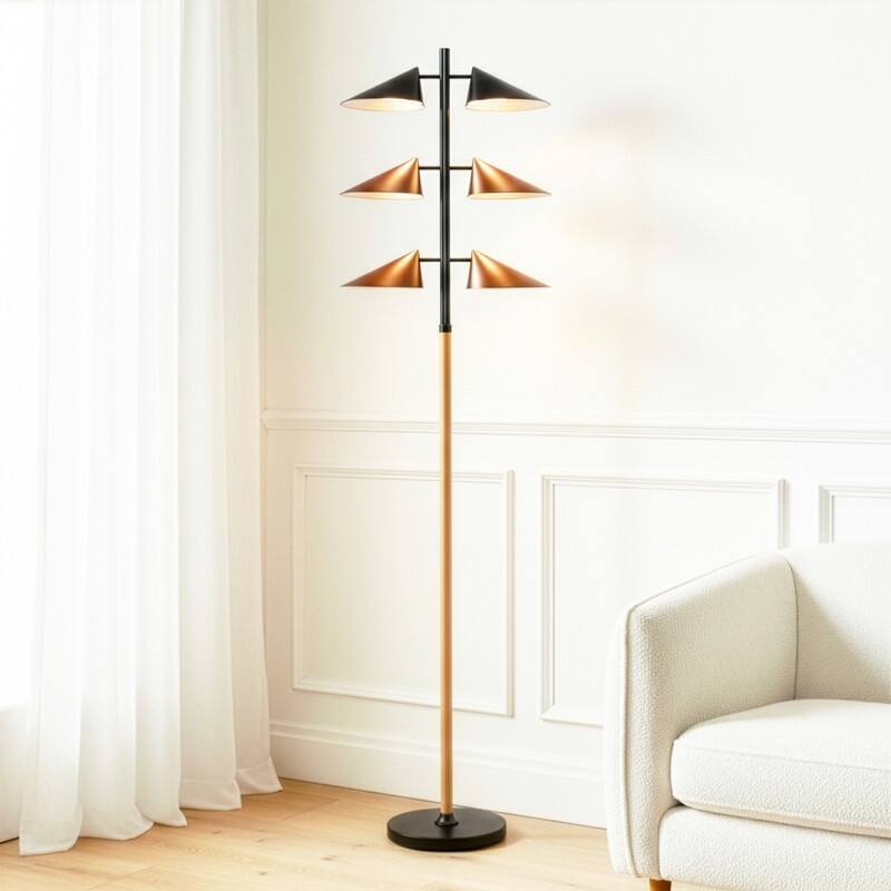 Brightech Ivo 65.2" Matte Black & Oak Midcentury 6-Light 30W Dimmable Integrated LED Modern Tree Floor Lamp With Red Leaf Shades