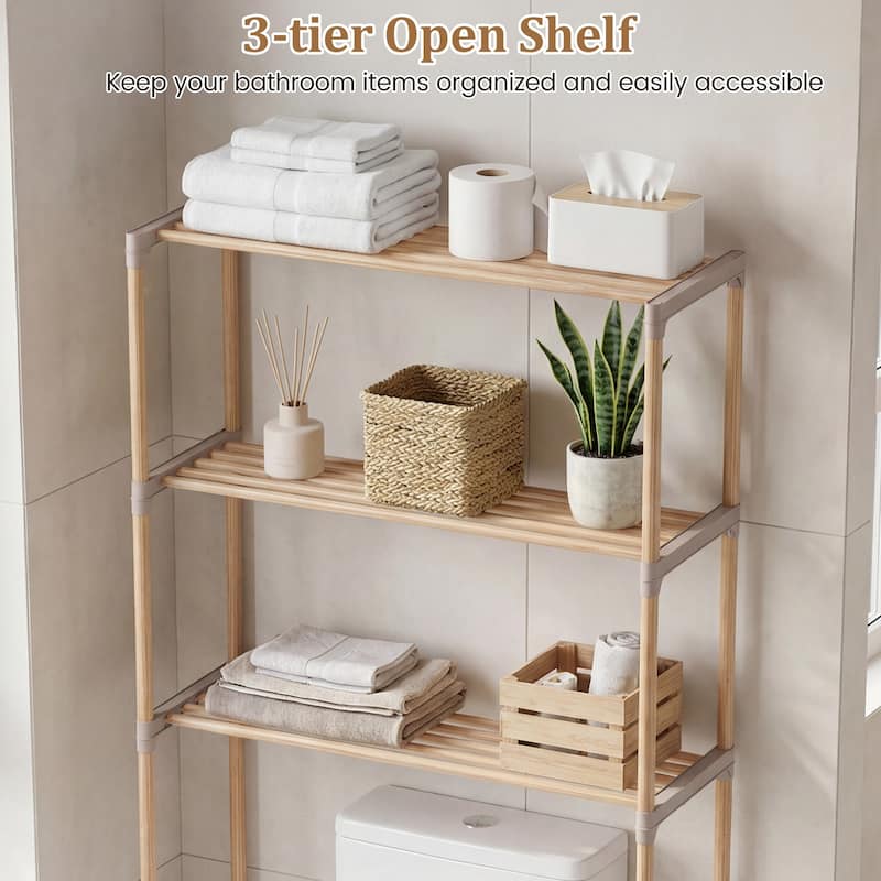 Gymax Over The Toilet Storage Rack 3-Tier Pine Wood Bathroom Organizer