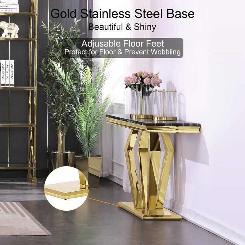 Luxury Rectangular Sofa Console Table Modern Living Room Entryway Table with Mirrored Gold Geometric Base