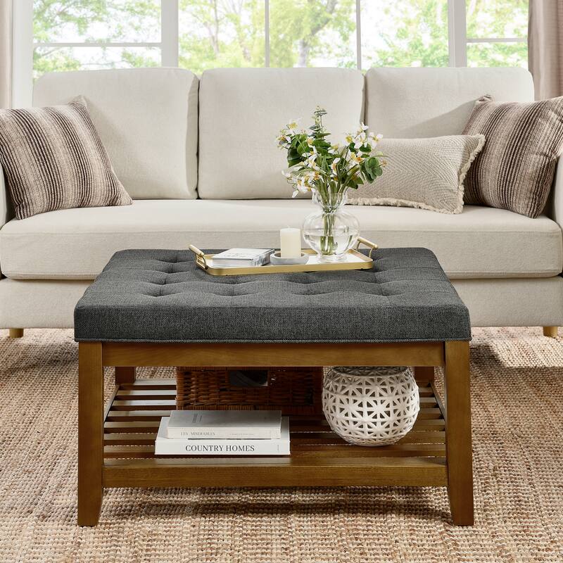 Upholstered Coffee Table Tufted Linen Large Square Ottoman with Beech Wood Shelf and Frame,Oversized Footrest Ottoman