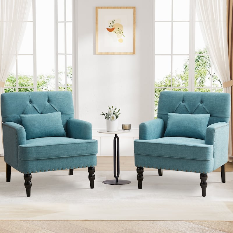 Set of 2 Arm Chair Upholstered Button Tufted Accent Chair with Lumbar Pillow Beige/ Grey/ Light Blue - Lake Blue