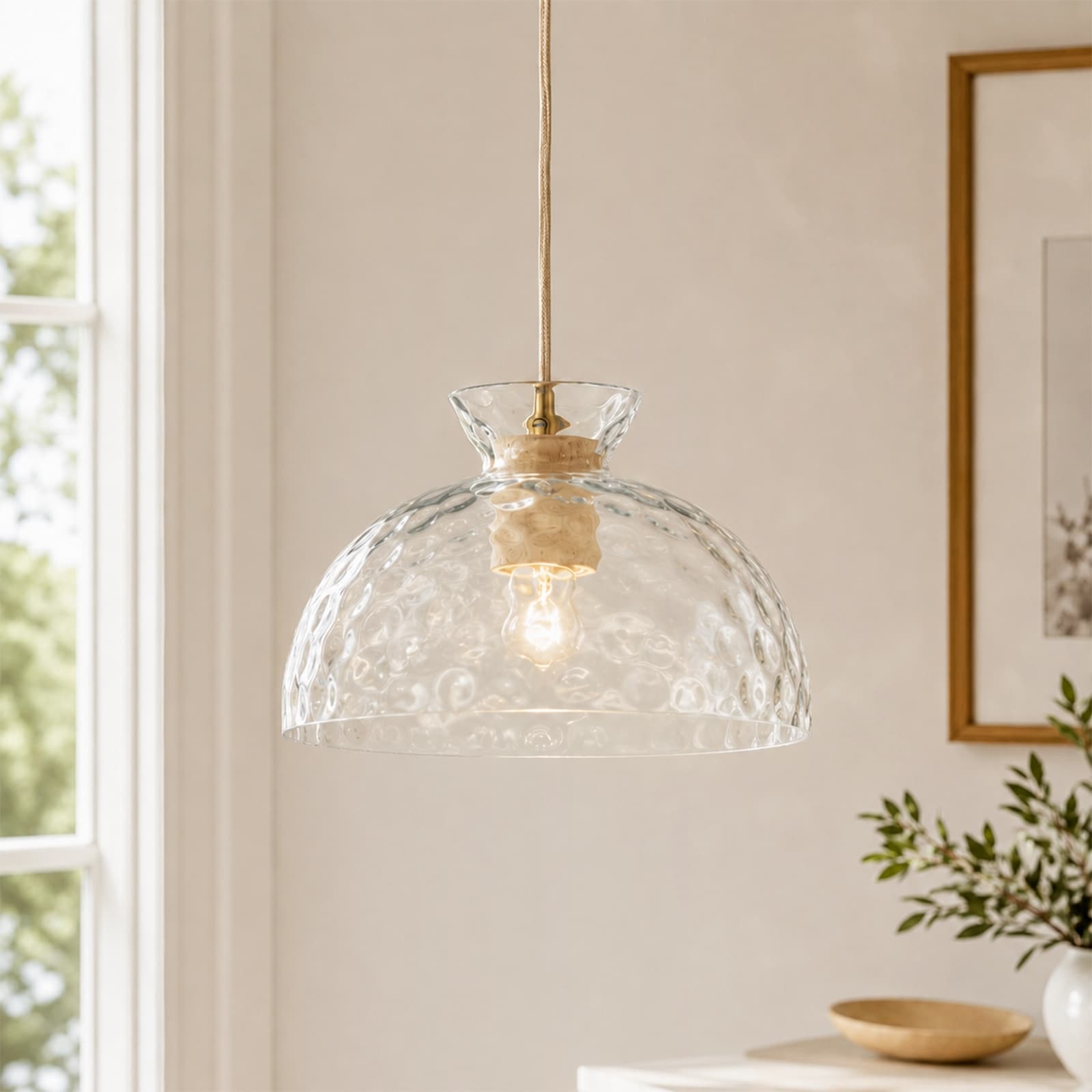 1-Light Modern Elegant Gold and Wood-Color Pendant Light with Clear Water Hammered Glass Shade for Kitchen Island, Dining Room