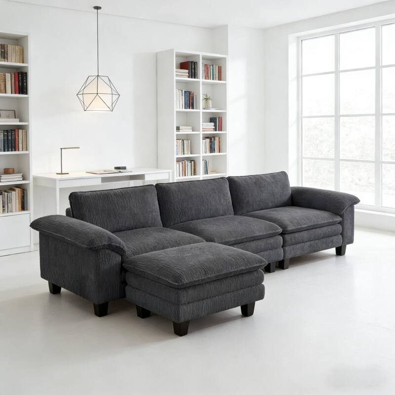 124.4" L-Shaped Corduroy Sectional Sofa with Movable Ottoman - Dark Grey