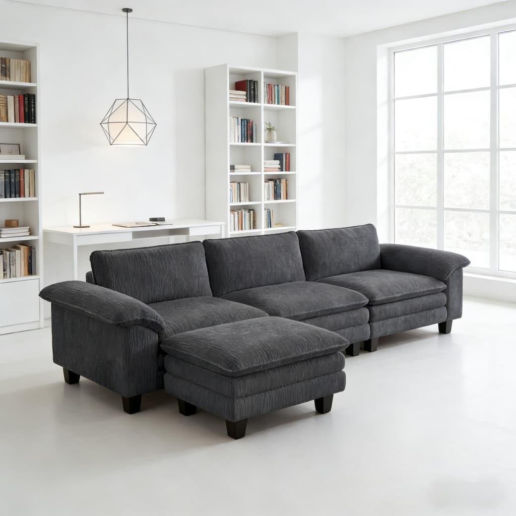 124.4" L-Shaped Corduroy Sectional Sofa with Movable Ottoman