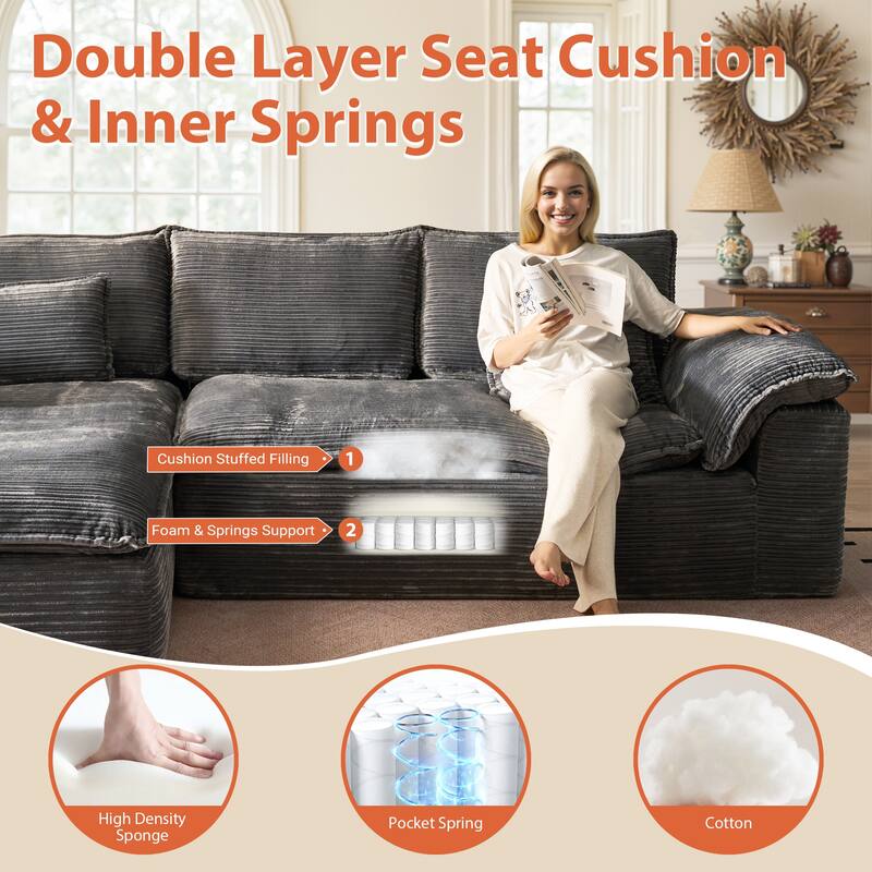 HOOOWOOO Modern Corduroy Fabric L-shaped Sectional Couch Chaise Sofa