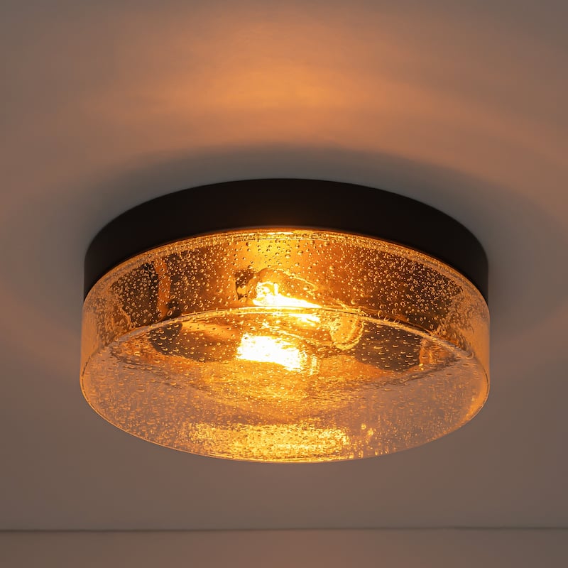 2-Light Modern Farmhouse Industrial Dimmable Dome Round Flush Mount Light with Seeded Glass Shade