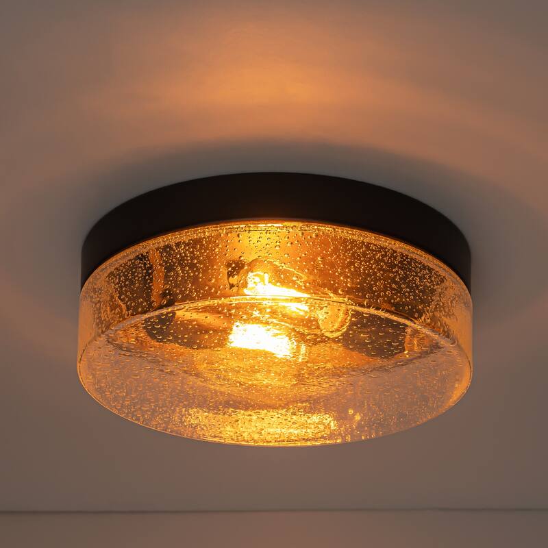 2-Light Gold/Bronze Modern Farmhouse Industrial Dimmable Dome Round Flush Mount Light with Seeded Glass Shade