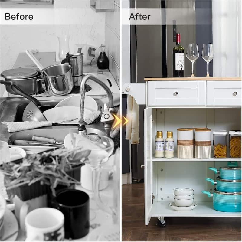 Rolling Kitchen Island with Drop Leaf - Mobile Cart with Wooden Countertop, Spice Rack, Adjustable Shelves & Drawers