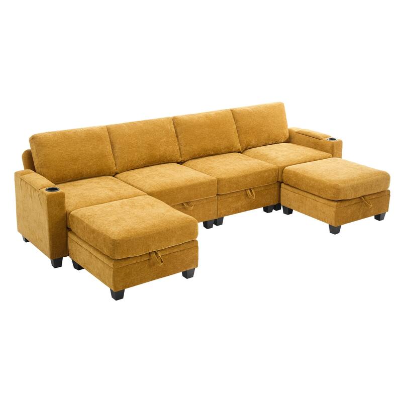 Chenille Sectional Sofa, Hidden Storage & Modular Design - 4-Seater Sofa & 2 Ottomans - Turmeric