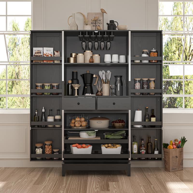 White Light Wood Grain Kitchen Cabinet with Red Wine Drawers Pantry